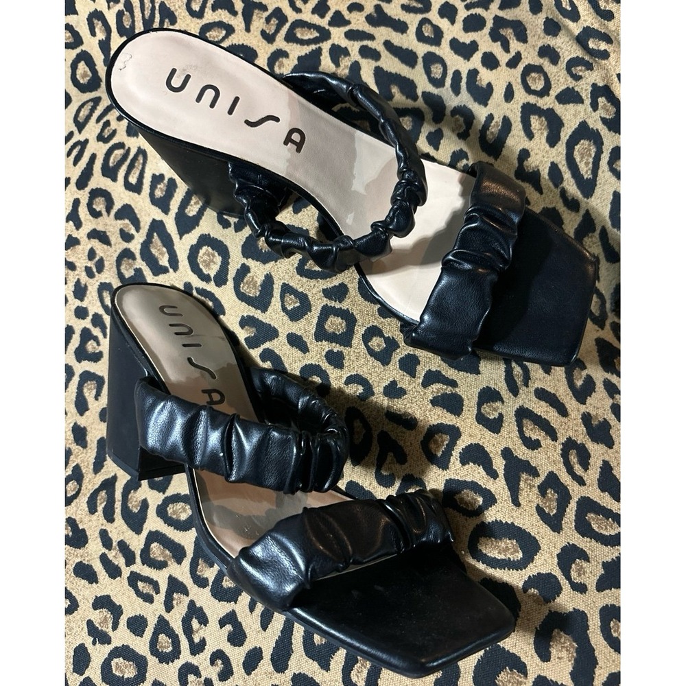 Unisa Black Double Scrunch Strap Block Heel Sandals, Size 8